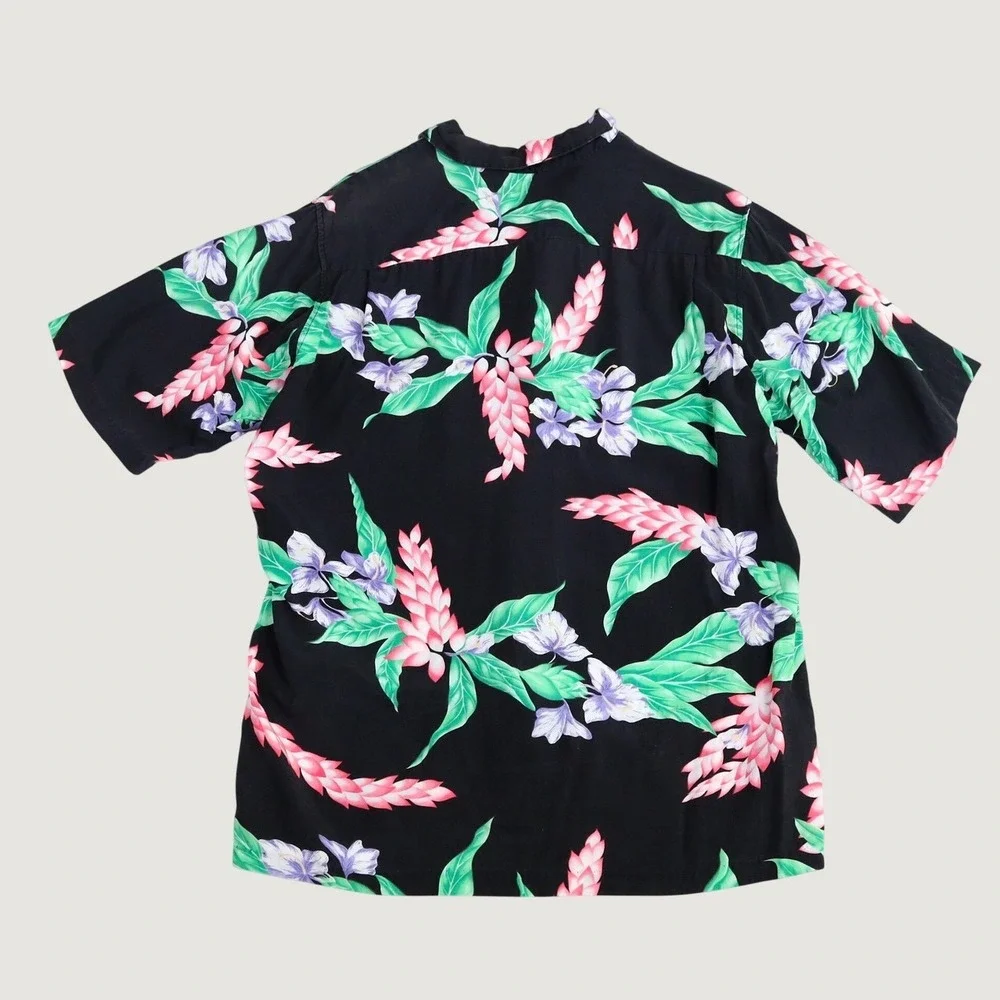Vintage Reyn Spooner Hawaiian Shirt Mens L Black Floral Rayon Aloha Camp USA‎